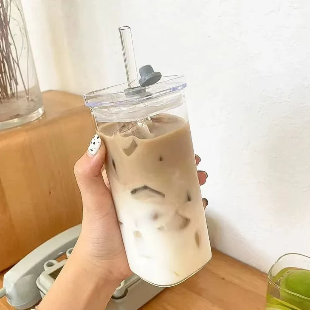 1Pcs Square Heat Resistant Coffee Glass Cup with Lid and Straw Transparent Milk Tea Juice Cups Coffee Mug for Home Bar Drinkware