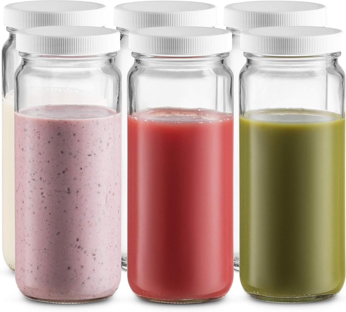 Travel Drinking Bottle 16 Ounce [6 Pack] Plastic Airtight Lids, Reusable, Glass Water Bottle for Juicing, Smoothies, Kombucha, Tea, Milk , Homemade Beverages