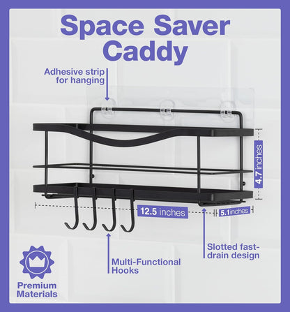 Premium Shower Caddy - Self Adhesive Shower Shelf with 4 Hooks - No Drill Large Capacity Stainless Steel Rack - Aesthetic Organizer for Bathroom Wall Decor - Matte Black