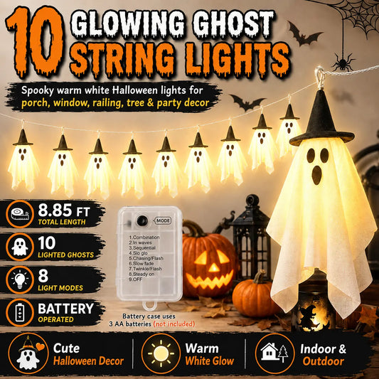 Spooky Halloween Ghost String Lights Set, 10 Lighted Hanging Ghosts with Witch Hats, 8.85 Ft Battery-Operated Warm White LED Garland for Porch, Window Railing Halloween Decorations