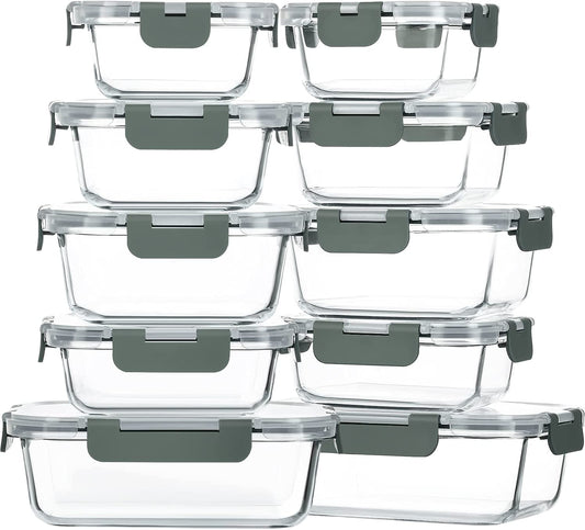 10 Pack Glass Food Storage Container with Lids,Gray