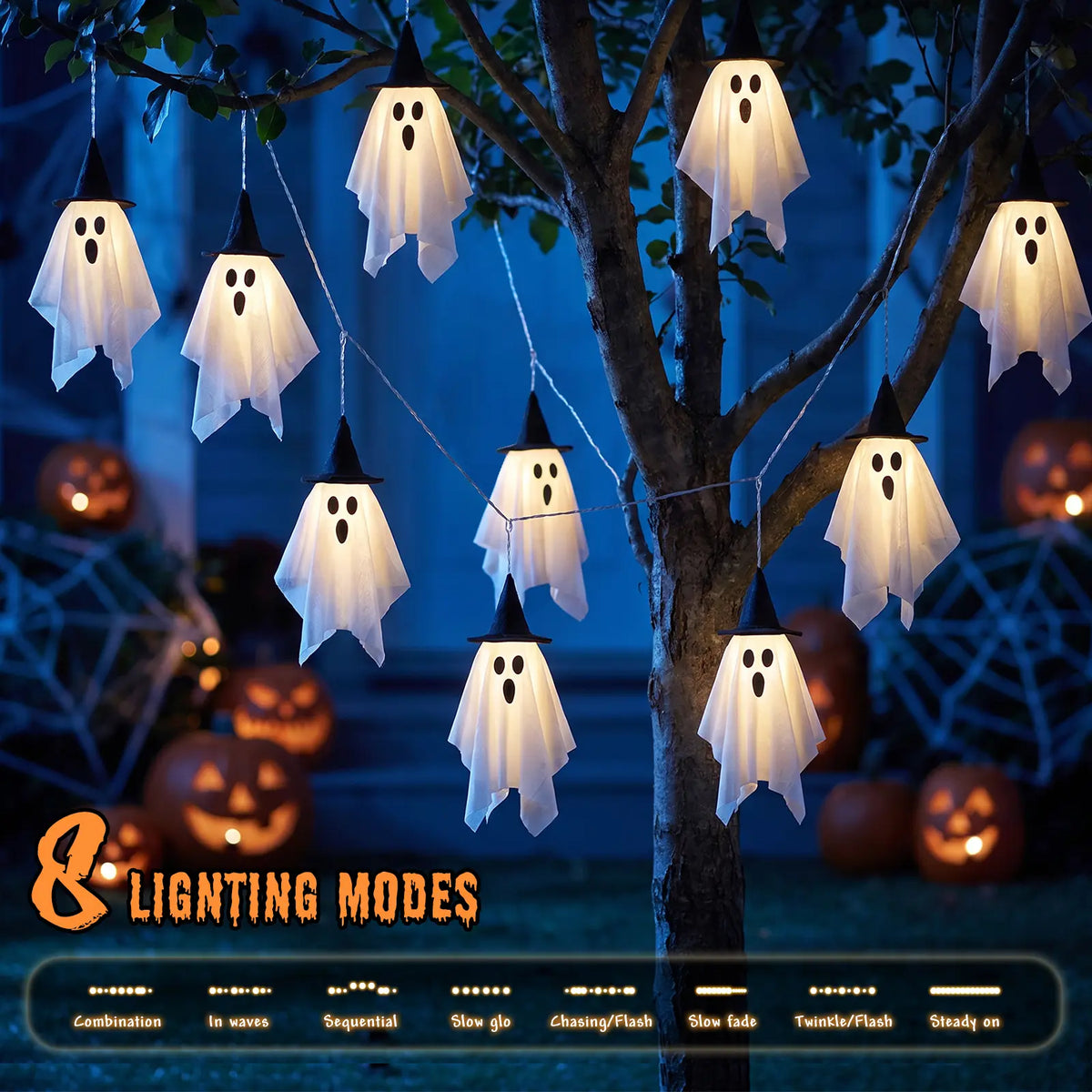 Spooky Halloween Ghost String Lights Set, 10 Lighted Hanging Ghosts with Witch Hats, 8.85 Ft Battery-Operated Warm White LED Garland for Porch, Window Railing Halloween Decorations