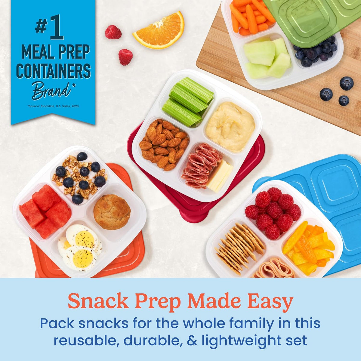 Easyboxes 4-Compartment Snack Containers - 8-Piece Set with 4 Trays & 4 Custom-Fit Lids to Seal in Freshness - Reusable Food Storage & Meal Prep Bento Bpa-Free Containers (Classic 4-Pack)