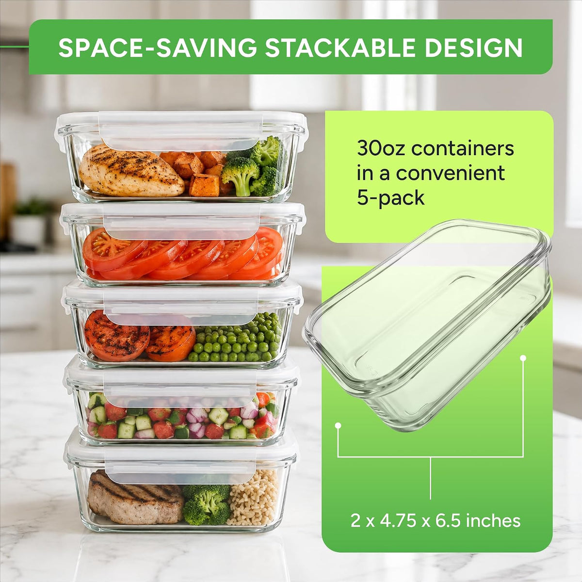 Prepnaturals 5 Pack 30Oz Glass Meal Prep Containers - 1 Compartment