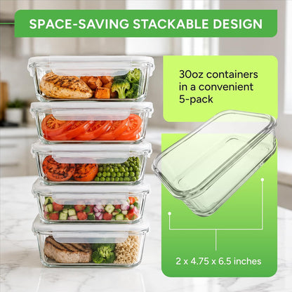 Prepnaturals 5 Pack 30Oz Glass Meal Prep Containers - 1 Compartment